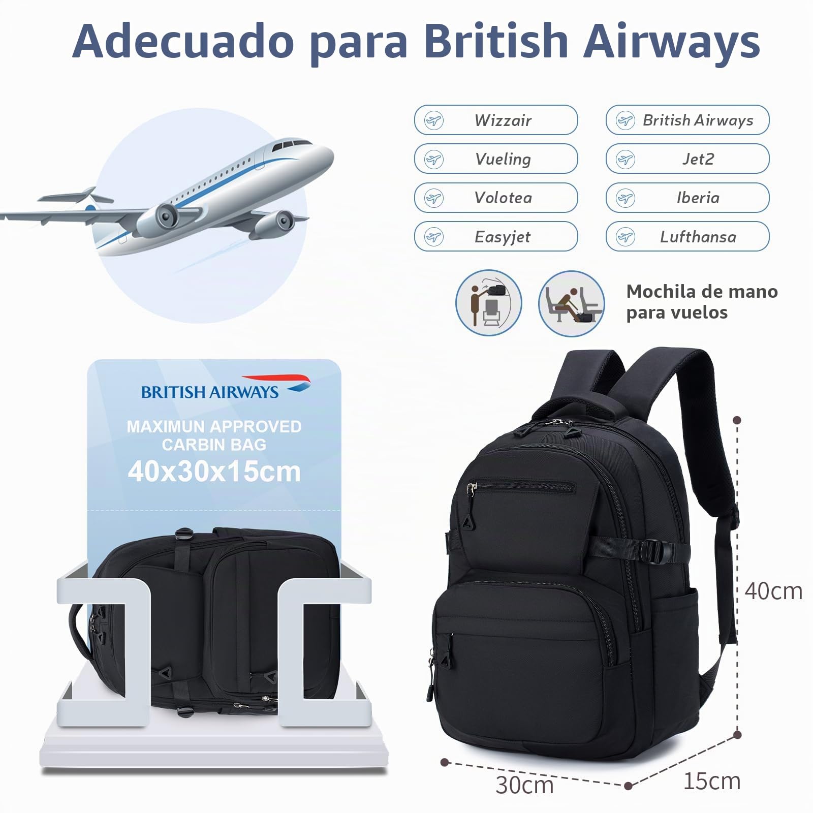 YOODI Mochila Cabina Avion 40x30x15 British Airways Impermeable Mochila Viaje Mochilas Escolares Equipaje de Mano Mochila Portatil 14 Pulgadas Travel Backpack para Mujer Hombre Universidad