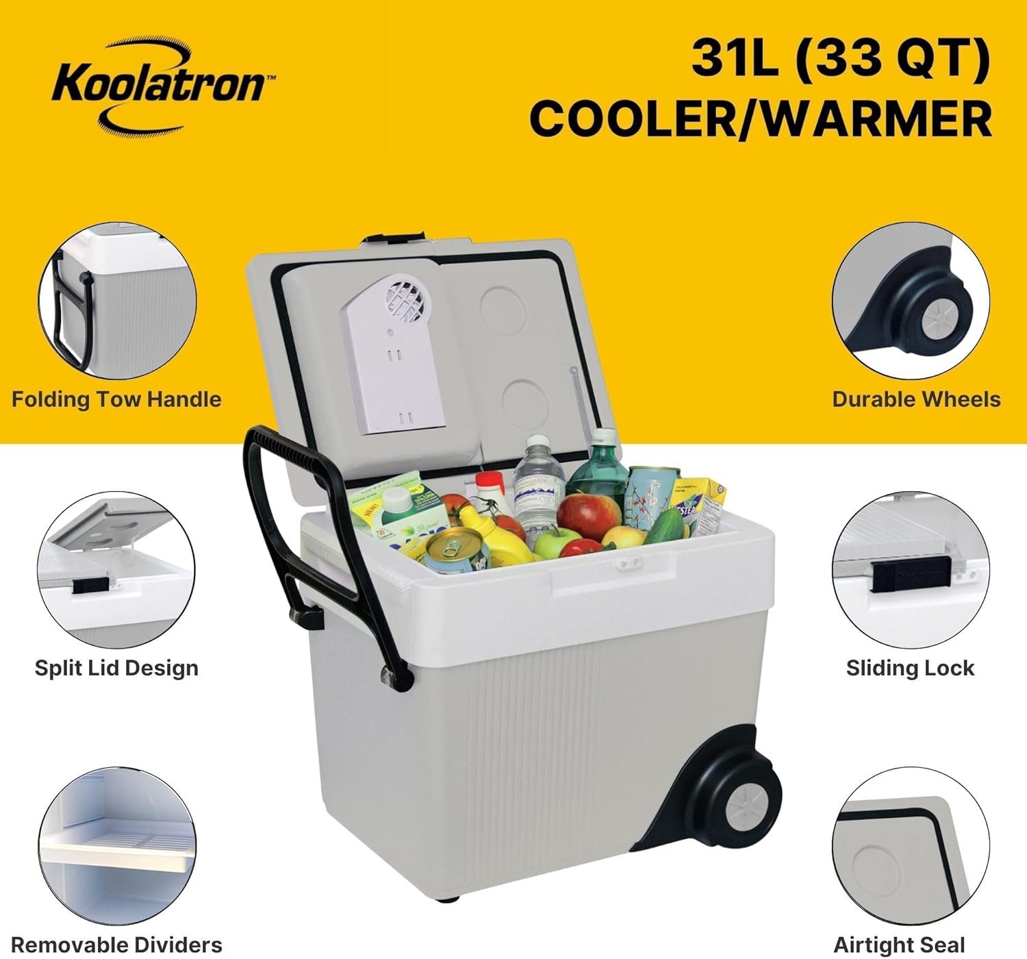 Diagram of the Koolatron W65 AZ cooler/warmer highlighting its features: folding tow handle, durable wheels, split lid design, sliding lock, removable dividers, and airtight seal.