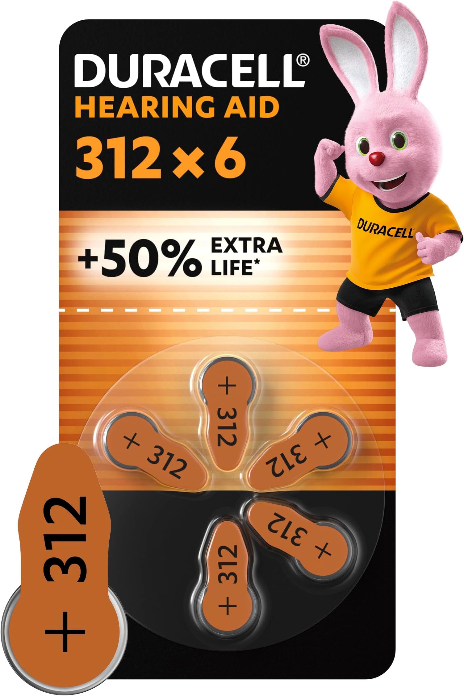 size 312 Hearing Aids batteries (pack of 6) +50% Extra Life, Easy Installation, 100% recyclable packaging, guaranteed 4 years in storage