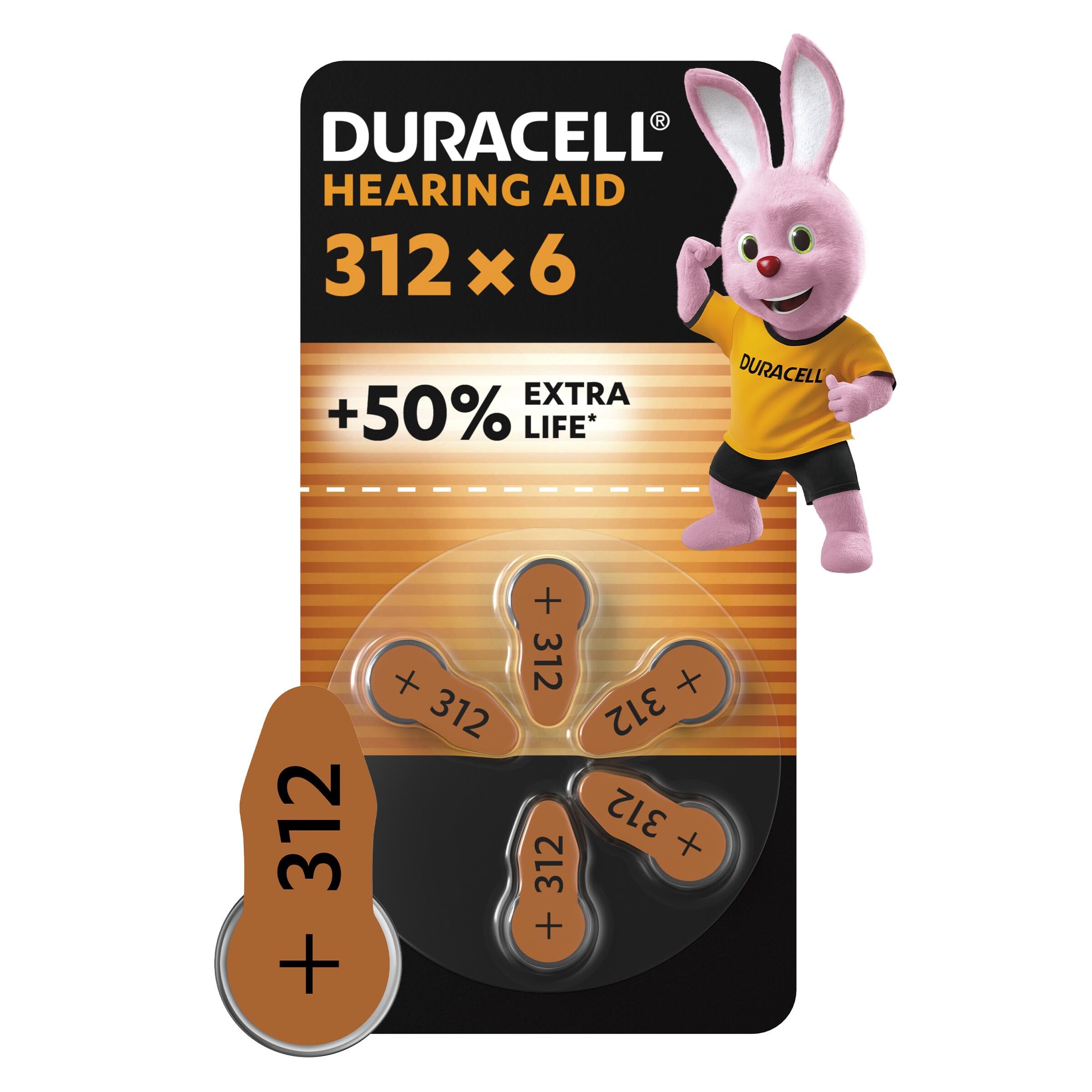 Duracell size 312 Hearing Aids batteries (pack of 6) +50% Extra Life, Easy Installation, 100% recyclable packaging, guaranteed 4 years in storage