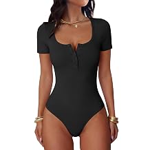 ANRABESS Womens Scoop Neck Short Sleeve Henley Bodysuits Top