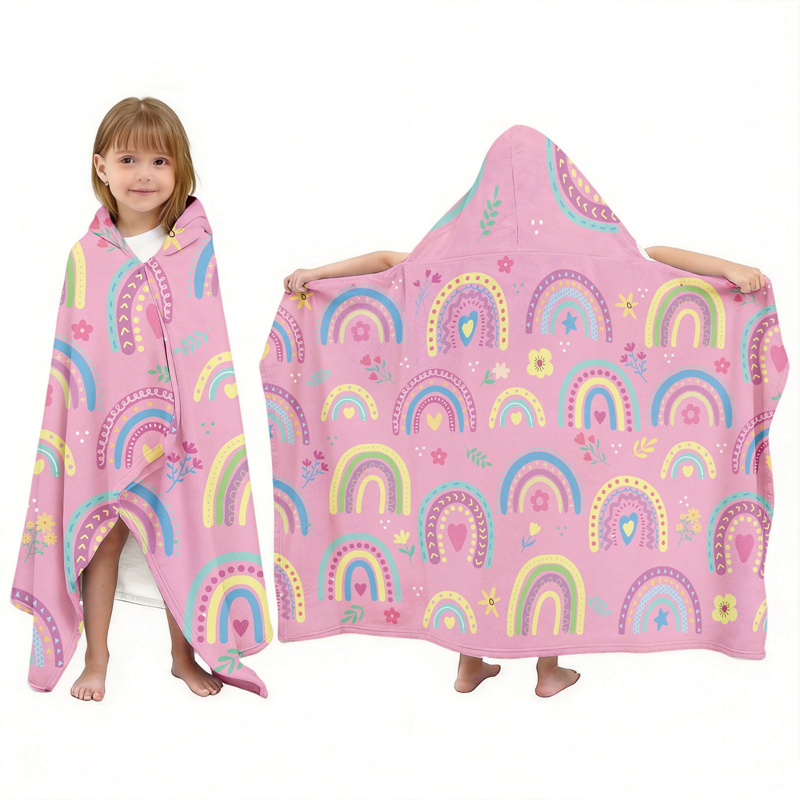 NEIUJADK Kids Pink Rainbow Hooded Bath Towel for Girls 3-10, 30"x50" Soft Absorbent Cotton Wearable Poncho Beach Towel with Hood & Snap Buttons for Pool Swimming Bath