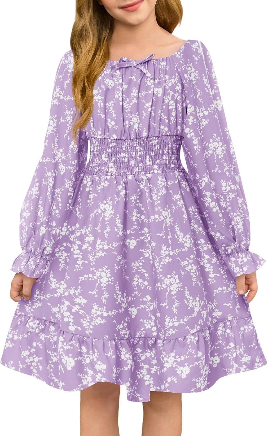 Haloumoning Girls Fall Long Sleeve Floral Dresses Kids Square Neck Smocked Holiday Party Dress 5-14 Years