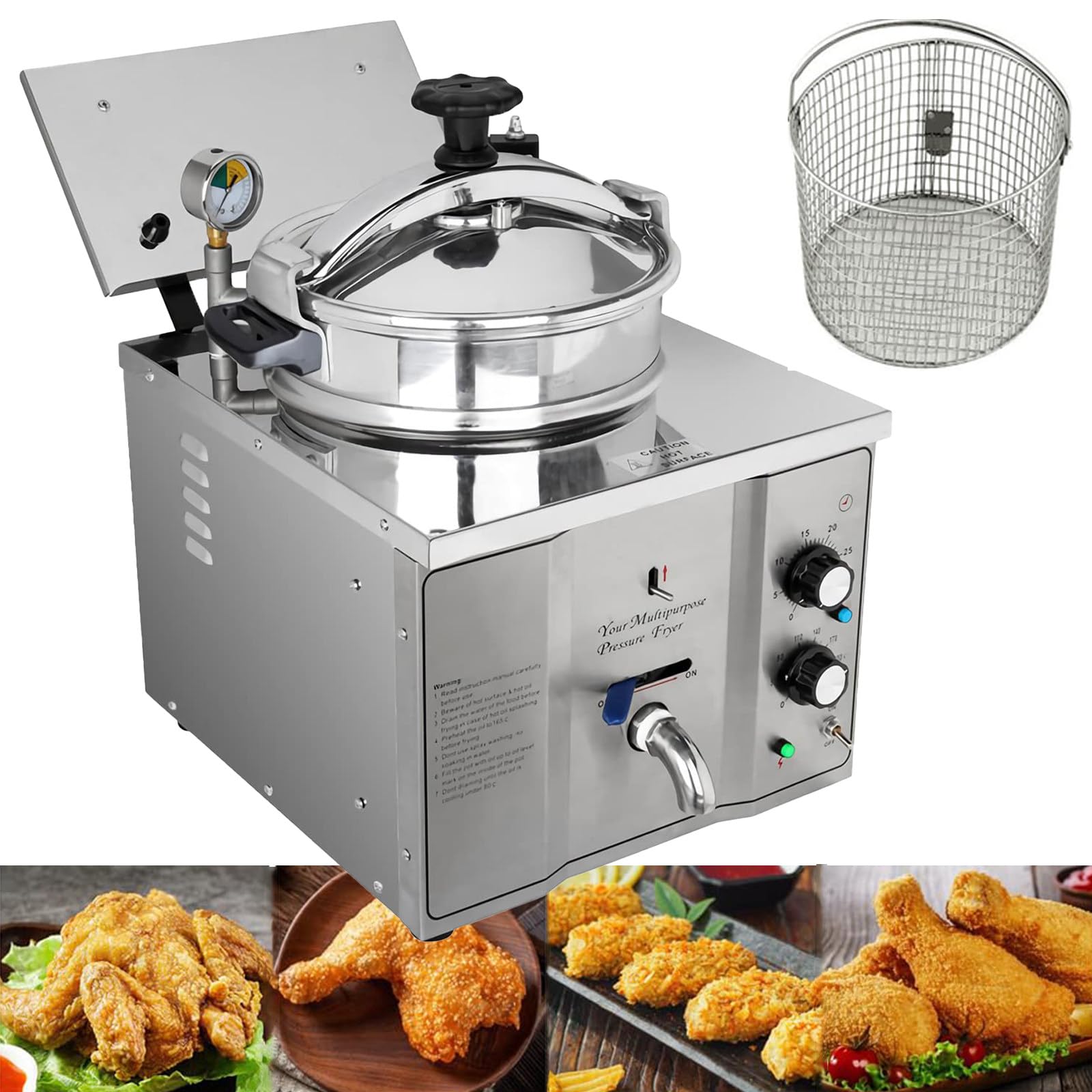 Friggitrice a Pressione elettrica da banco da 16 Litri, fornello per Pollo Fritto ad Alta Pressione in Acciaio Inox, friggitrice Professionale con Timer, Ideale per Pollo Fritto,110 V 3000 W