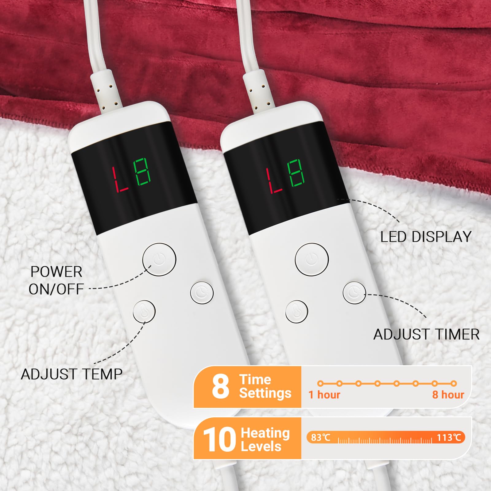 Qieryun Elektrische deken met automatische uitschakeling, 130 x 180 cm, 10 warmtestanden, 8 uur, auto-off-timer, oververhittingsbeveiliging, warmtedeken, flanel, machinewasbaar, verwarmde deken voor