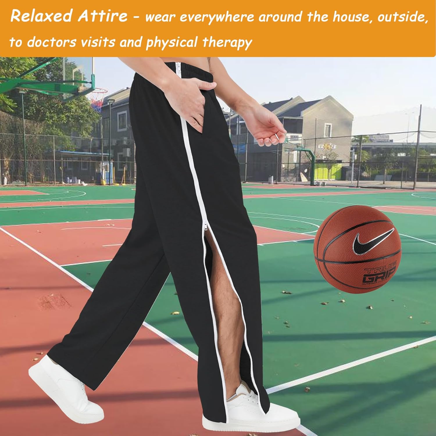 Tearway Mens Post Surgery Pants 2 Side Zippers Basketball Sweatpants Tear Way Pants Bedridden Patient Clothing - Image 2