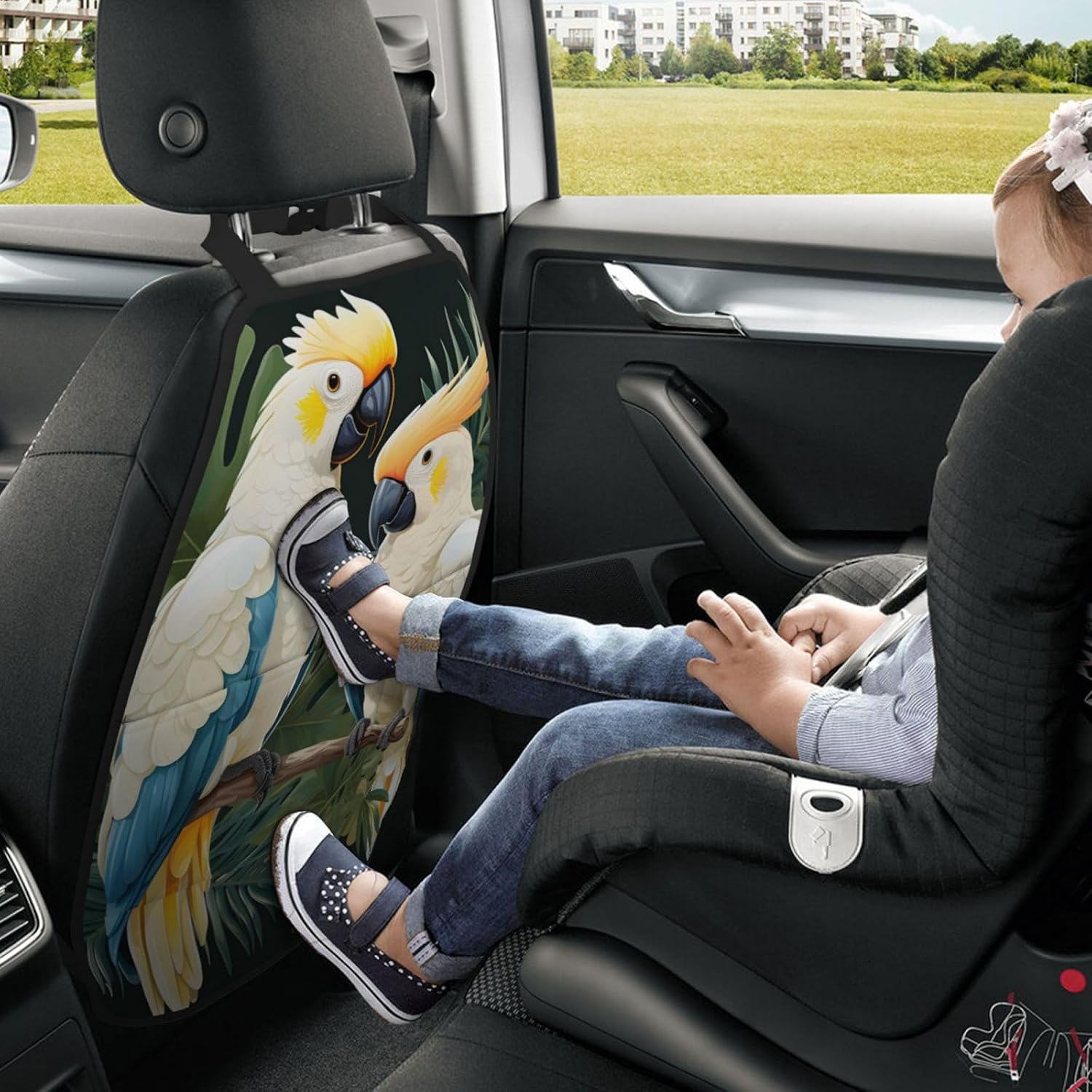 Car Seat Back Kick Protector 2 Pack 18.5x26.4 Inch, Cartoon Cockatoo Tropical Leaves Anti-Kick Pad, Waterproof Oxford Fabric Large Rear Seat Cover for Kids Pets Fits SUV Jeep Truck Sedan