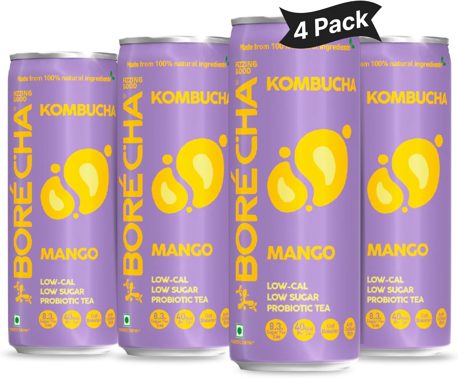 Borécha Kombucha Mango Low Calorie Prebiotic Tea | Organic Low Sugar Energizing Natural Kombucha Drink | Non Alcoholic Vegan and Gluten Free Refreshing Beverage | 330ml (Pack of 4)