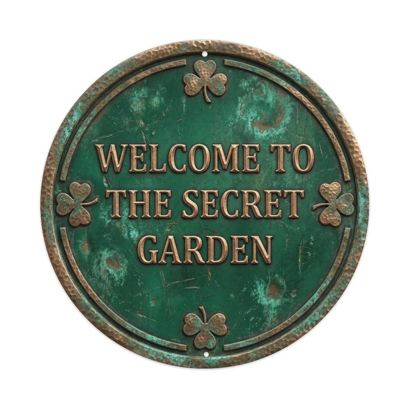 Vintage Welcome Secret Garden Bronze Emerald Hammered Metal Tin Sign