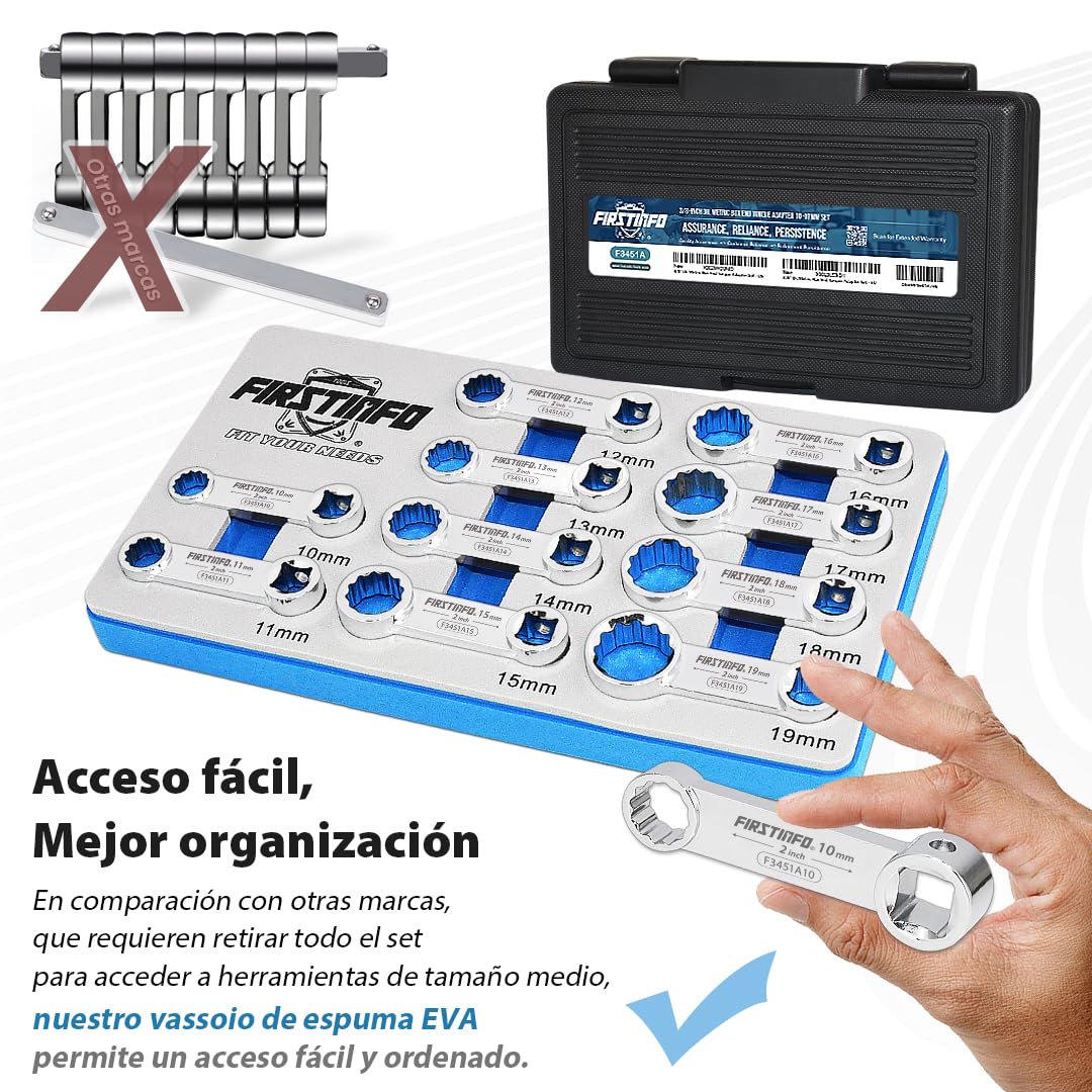FIRSTINFO F3451A Juego de adaptadores de par métricos de 12 puntos con boca de estrella accionamiento de 3/8 pulgadas 10 piezas en acero cromo vanadio con bandeja de espuma EVA y estuche de transporte