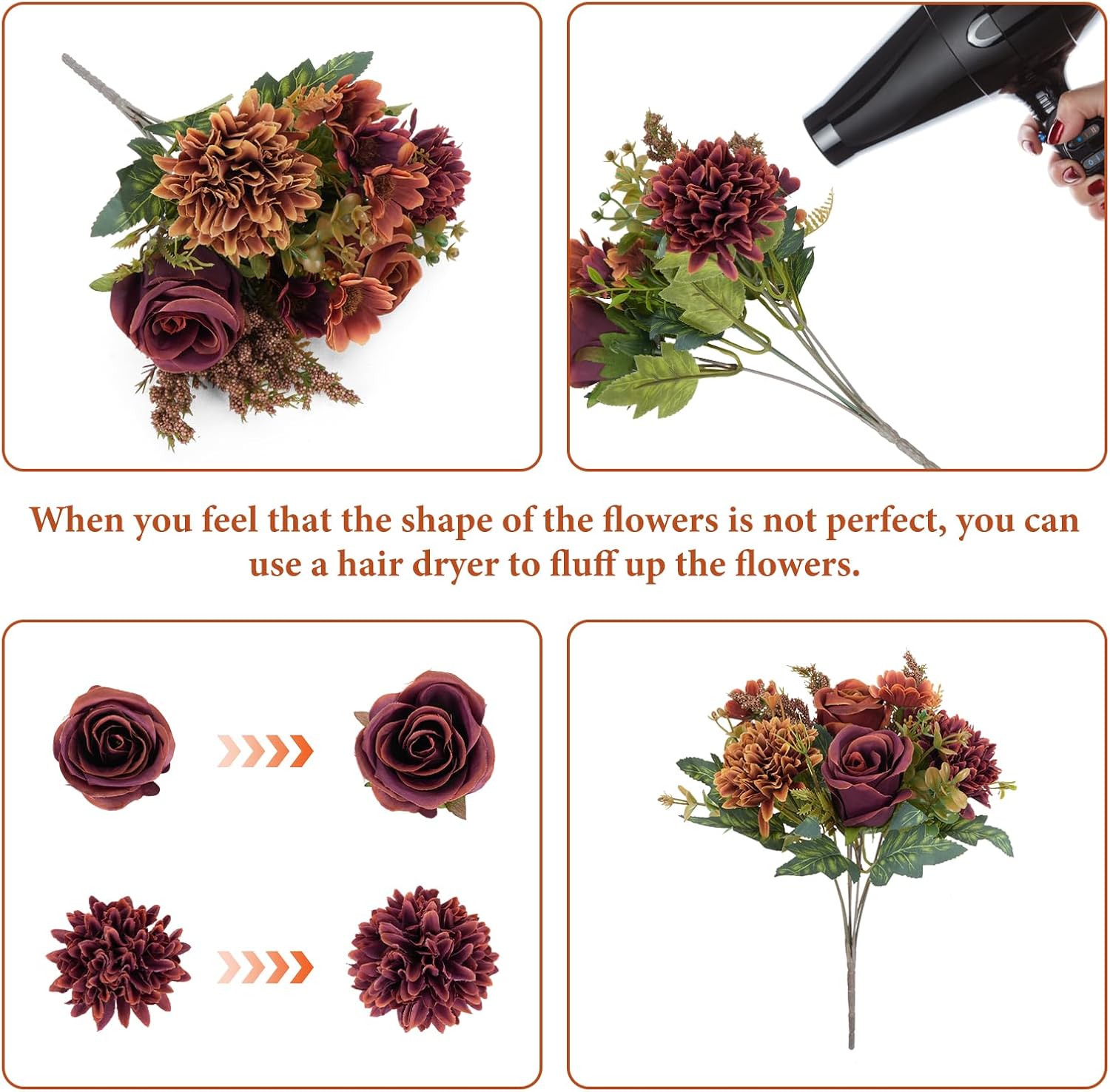 4 Pcs Fall Flowers Artificial Decoration, Silk Fall Bouquet Burgundy Orange image 3
