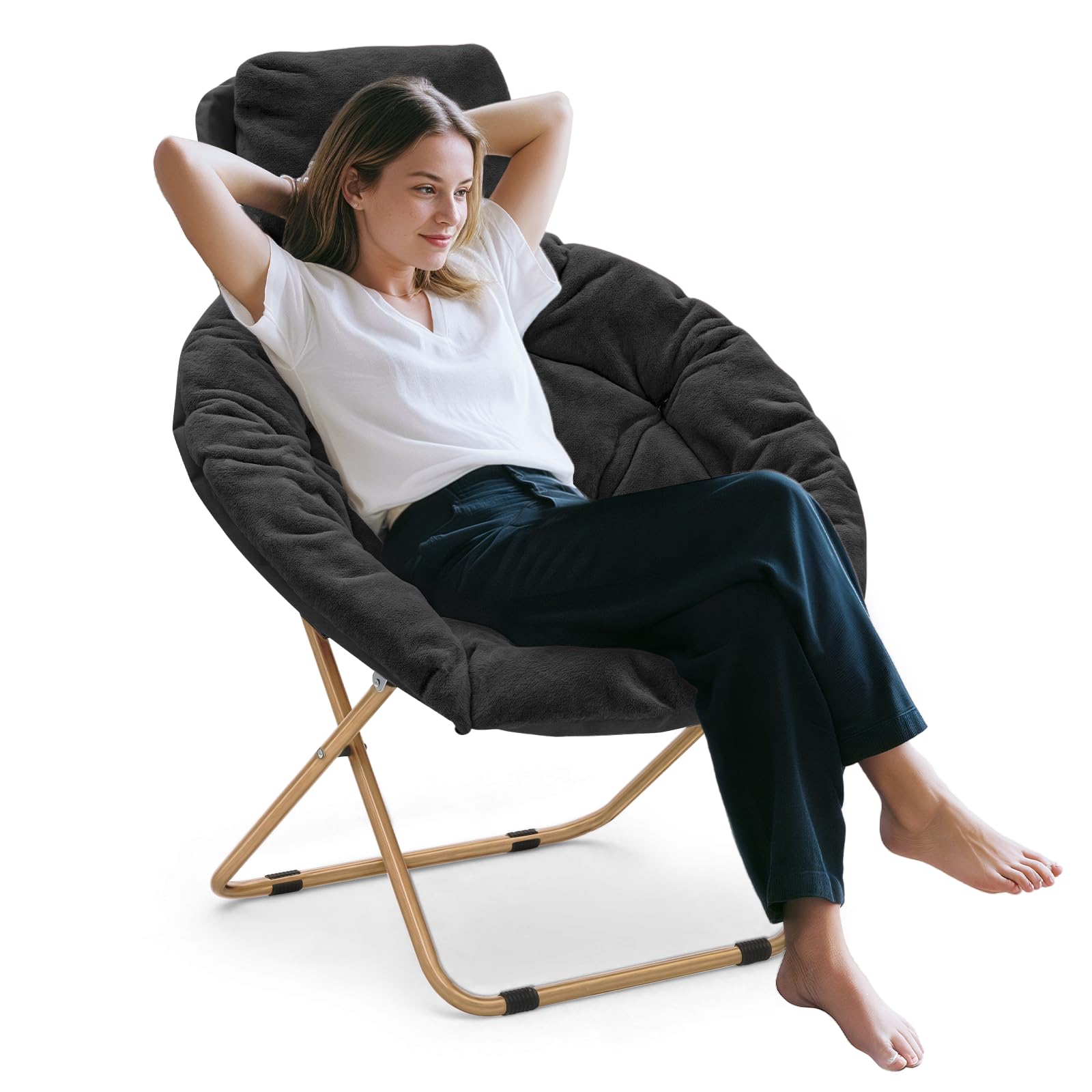 Athena Collection Comfy Saucer Chair with Headrest Oversize Round Cozy Chair Folding Chair Faux Fur Metal Frame Foldable Reading Chair Accent Chair