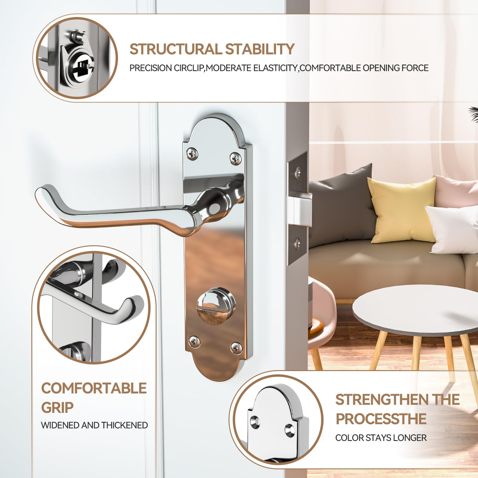 Bwintech 3 Sets Polished Chrome Richmond Lever on Plate, Latch Furniture, Backplate Door Handles, with Bathroom knob - Image 3