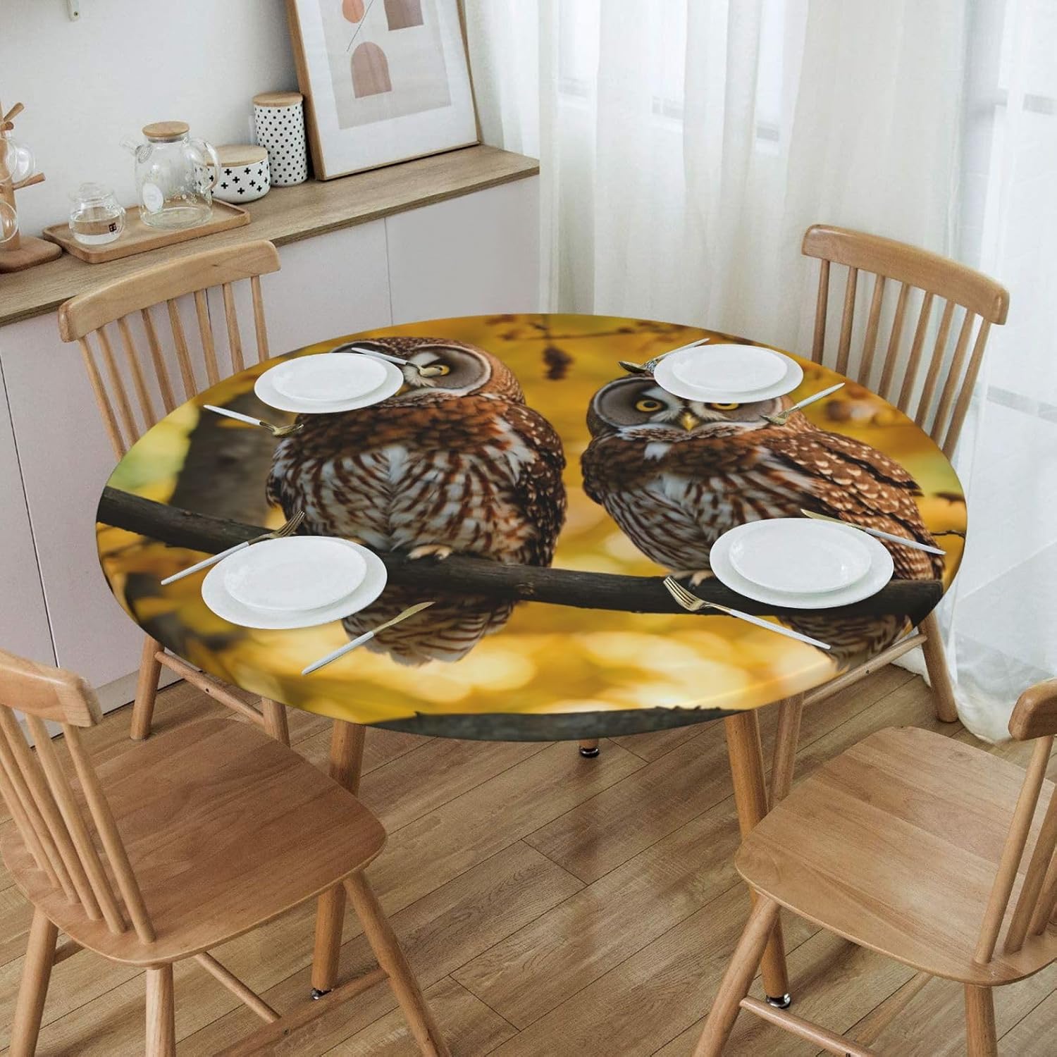 Cute Brown Cartoon Owls Print Outdoor Patio Kitchen Decor Supplies Wipeable Round Table Cloth for Indoor Outdoor