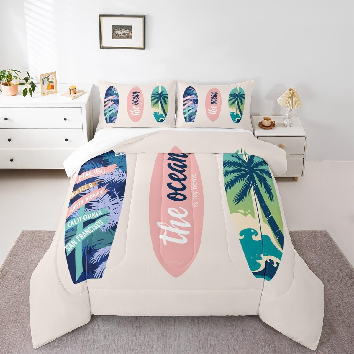 Homewish Surfboard Bedding Set Twin Size Summer Sea Surfing Theme Comforter Set 2pcs for Kids Boys Girls Ocean Theme Duvet Insert Luxury Microfiber Down Comforter