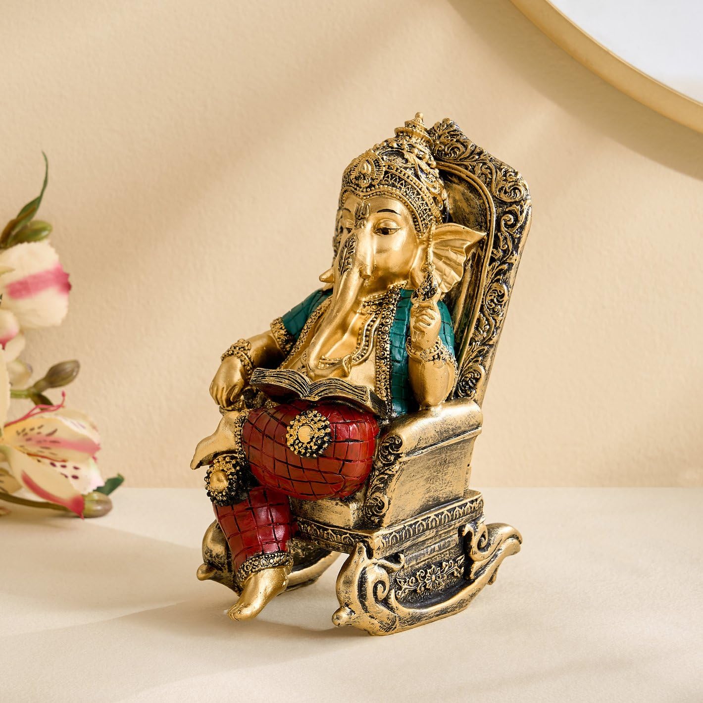 Karigaari India Ganesha on Chair Figurine | Lord Ganesha Statue for Home Decor, Puja Room, Living Room, Office | Spiritual Hindu God Idol for Positive Energy, Feng Shui, Housewarming (Gold)-image-24