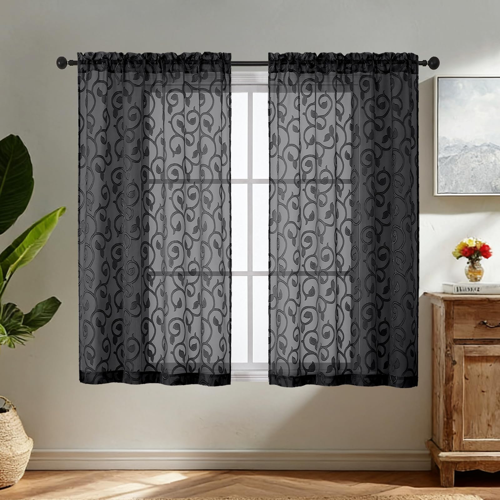Simplebrand Black Sheer Voile Curtains with Embroidered Pattern, 2 Panels 140x122cm, Dual Rod Pocket Light Filtering Curtains for Kitchen Café Window — image 1