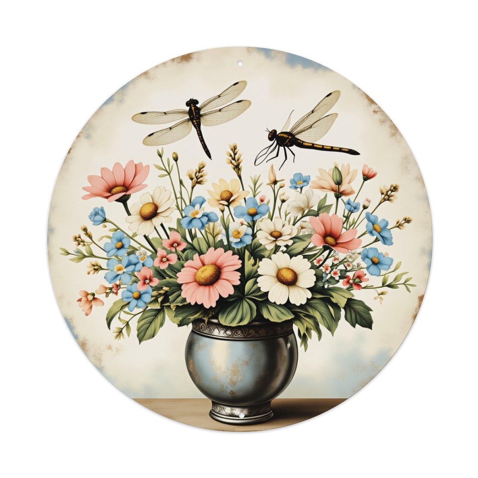 Floral Dragonfly Vase Nature Art Round Tin Sign Retro Metal Sign for Cafe Bar Pub Home Game Room Gym Club Wall Decoration Vintage Metal Poster 8x8 Inch
