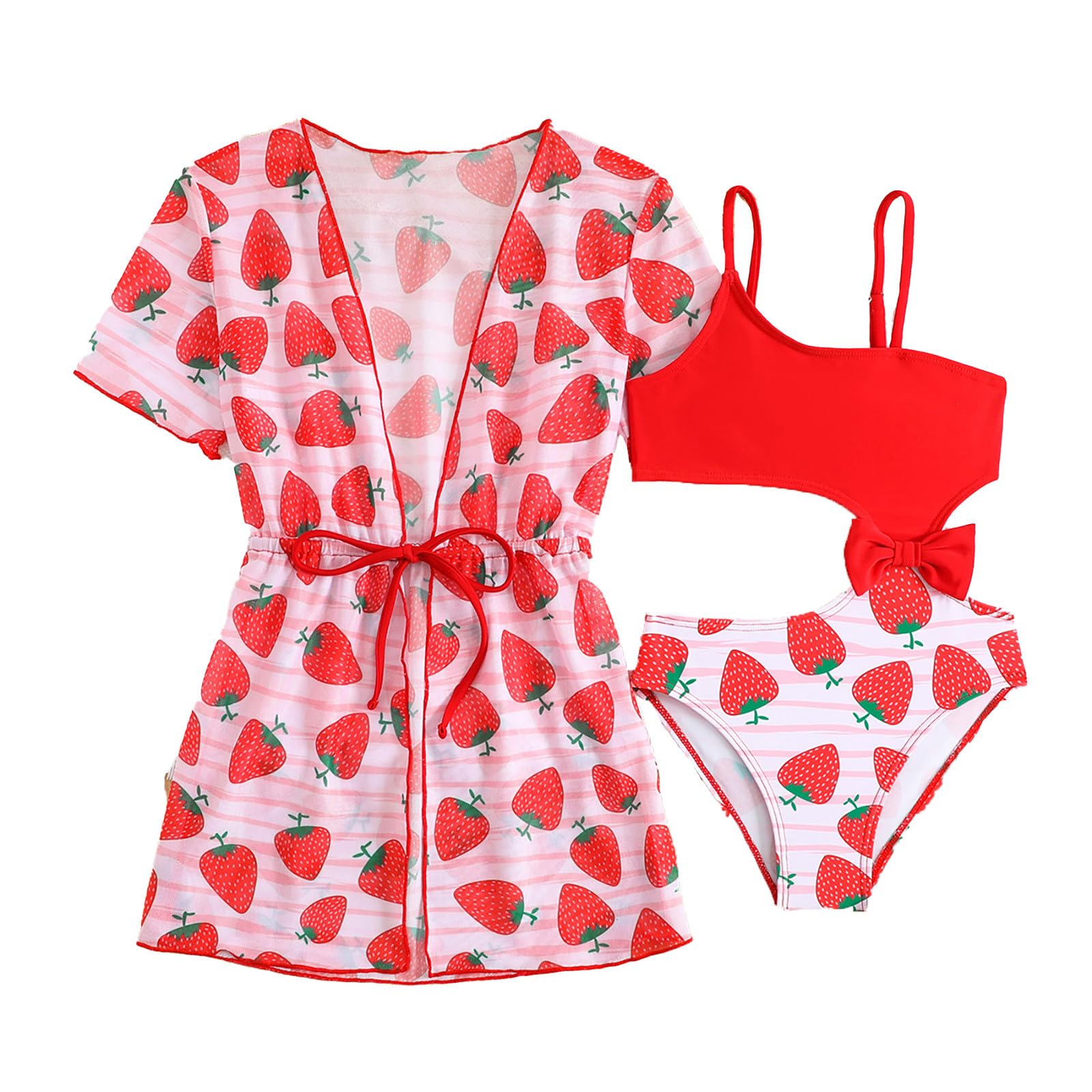 Generisch Maillot de bain pour fille - 2 pièces - Maillot de bain avec manches - Imprimé fraise - Pour la plage et la piscine - Pour les tout-petits de 3 à 7 ans - Été
