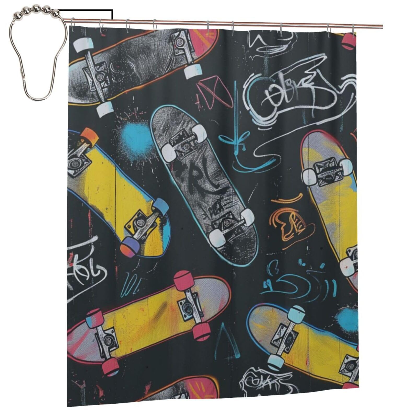 BWWHCCTI Graffiti Skateboard Printed Shower Curtain With 12 Iron Hooks Opaque Quick Drying Waterproof Shower Curtains Sets For Bathroom 152x183 Cm