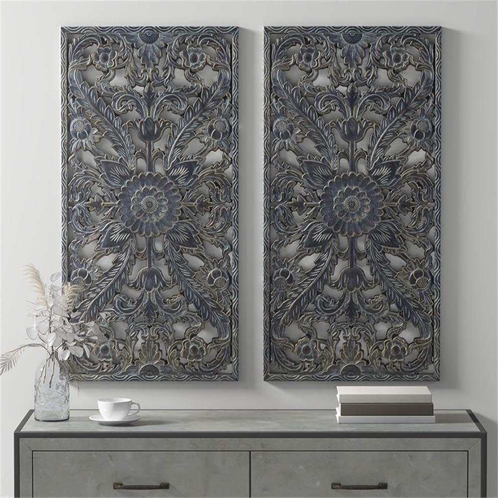 Pemberly Row MDF Botanical Panel Carved Wall Panel in Blue (Set of 2)