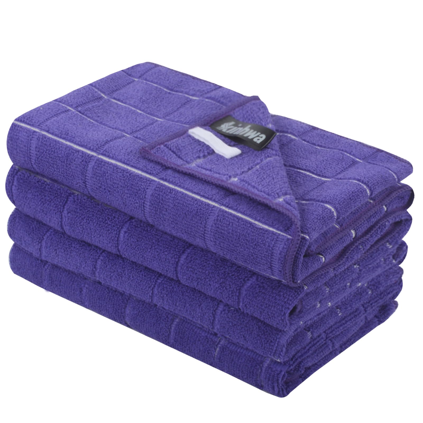 KinHwa Set of 4 Microfiber Dish Towels 45x65cm Highly Absorbent & Durable Lint-Free Striped Tea Towel - Kitchen Towels Thick Premium Dish Towel (Dark Purple)