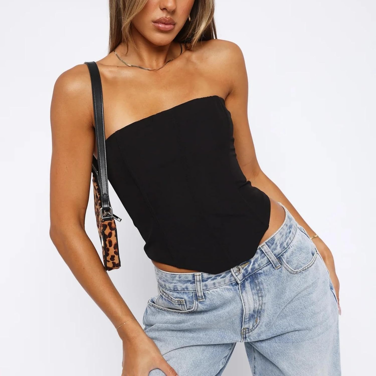 Women Y2K Corset Top Strapless Tie Back Tube Top Solid Color Boned Overbust Crop Top Vintage Clubwear - Image 4