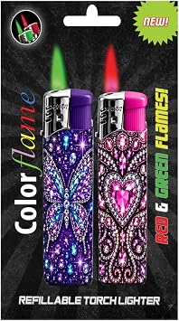Amazing Color Flame Fire Butane Colorflame Colorful Torch Lighter Colored Flame Pocket Lighter Red Flame and Green Flame- 2 Pack Choose Your Assortment Purple Butterfly & Pink Heart Jewels