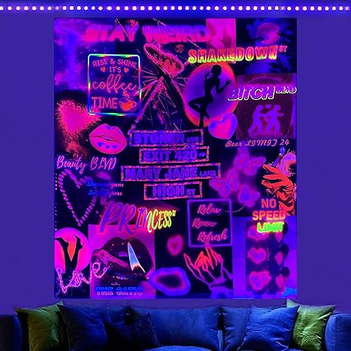 Tapiz de letrero de calle rosa para dormitorio, vintage, retro, grunge, decoración de garaje, tapiz reactivo a los rayos UV, tapiz de luz negra para