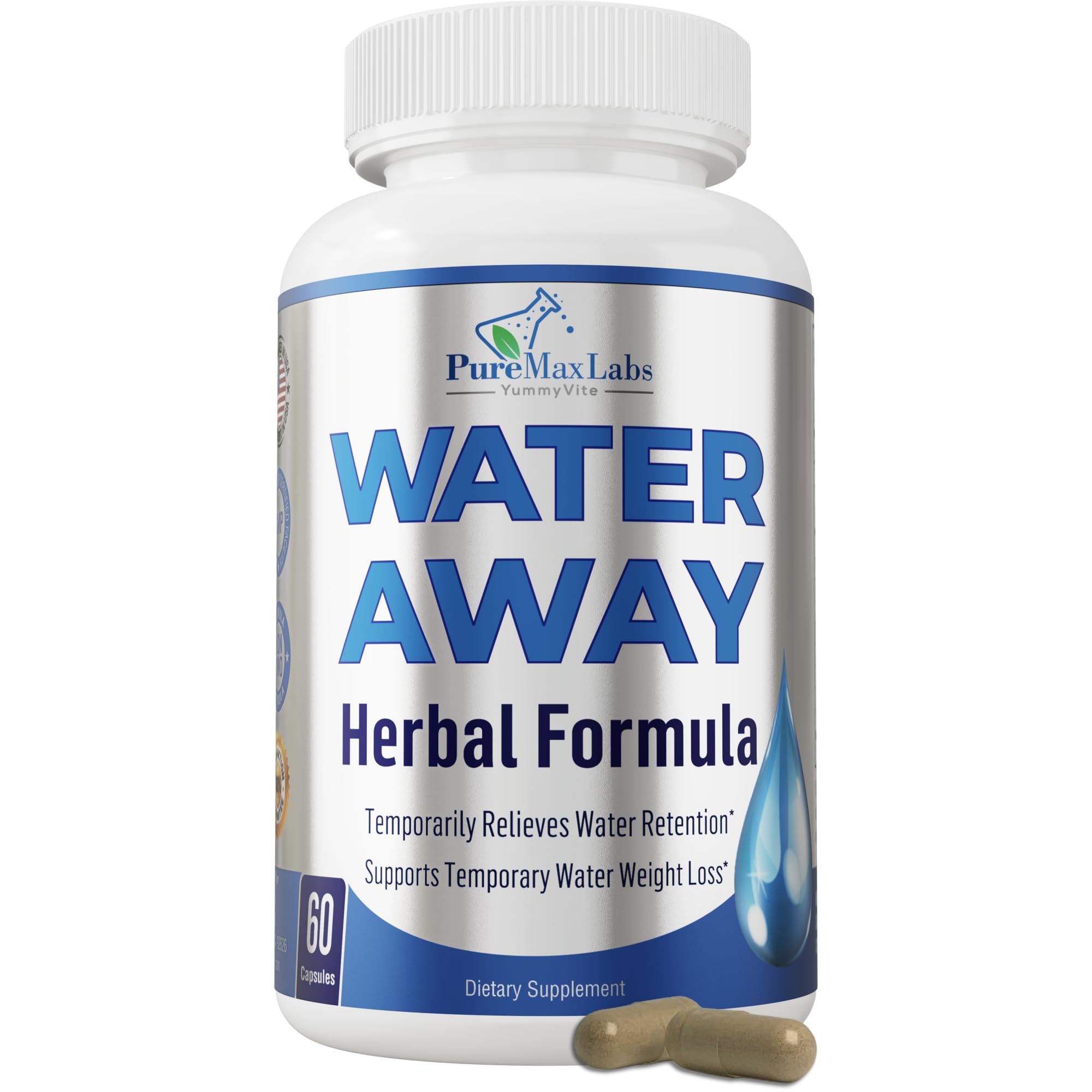 Water Away Gentle Herbal Diuretic - Natural Diuretic Water Pills - Relieve Bloating, Reduce Excess Water Weight with Dandelion Leaf, Green Tea, Detox Cleanse & Urinary Health. Non-GMO, 60 Capsules