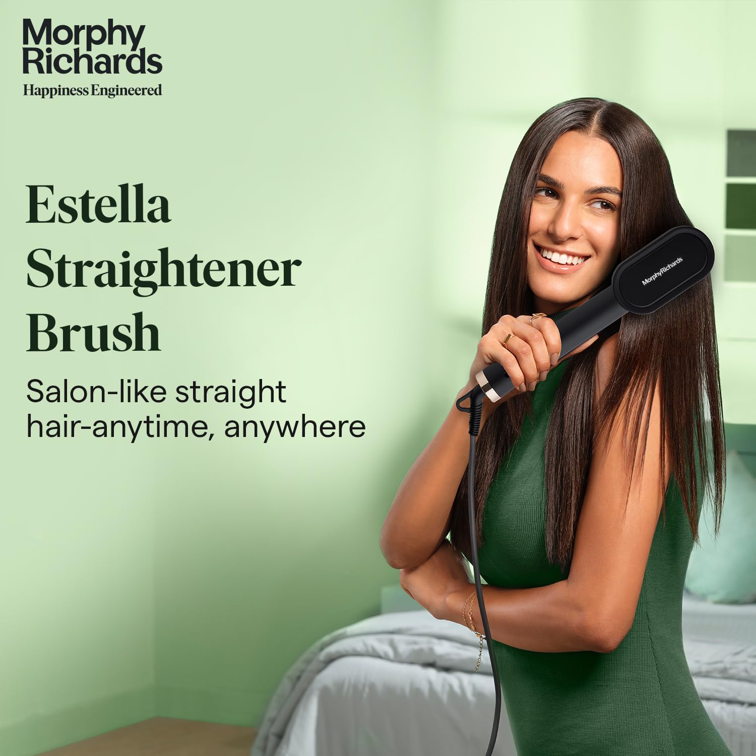 Morphy Richards Estella Hair Straightener Brush | Compact & Travel Friendly | 360 Degree Swivel Cord | 5 Temperature Settings | Hair Straightener Brush for Women,Black