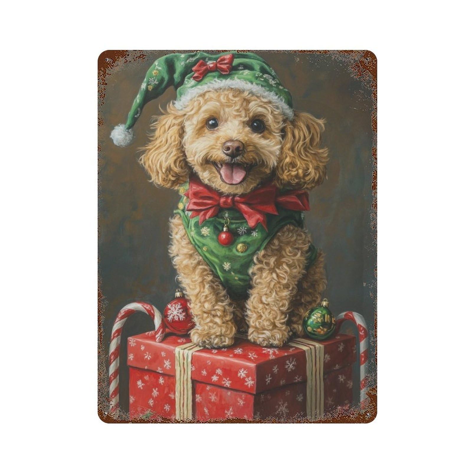 Christmas Poodle Portrait Vintage Rust Metal Sign 15.7"x11.8", Ideal for Cafe, Home Bar And Lounge Decor