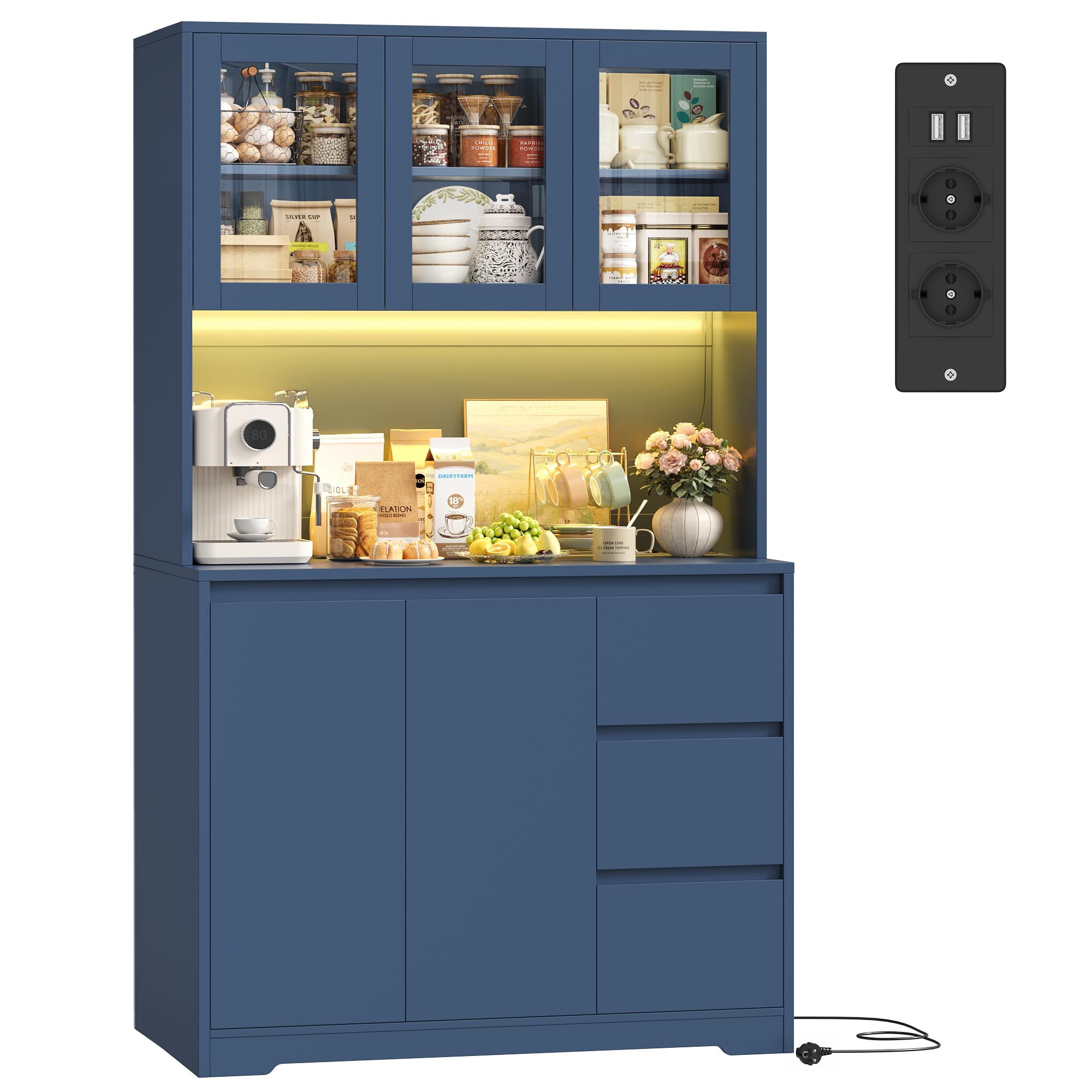 FirFurd Küchenschrank mit LED & Steckdosenleiste, Buffetschrank | Küchenschrank mit Arbeitsplatte, Buffetschrank mit verstellbaren regal, Vorratsschrank, Sideboard für Küche 180x100x38,5 cm