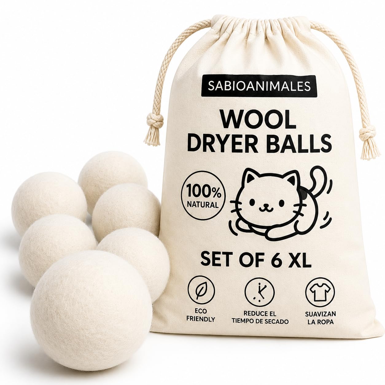 Bolas Secadora de Ropa – Pack 6 Bolas de Secado para Secadora de Lana Natural – dryer balls wool – Ecológicas, Reutilizables y Sin Químicos – Suavizan Ropa y Reducen Tiempo de Secado