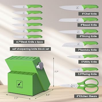 imarku Knife Set with Block, Sharp Knife Sets with Built-in Sharpener, Japanese Stainless Steel Kitchen Knife Set with Non-Slip Ergonomic Handle, Dishwasher Safe, Best Holiday Gift, Teal Green