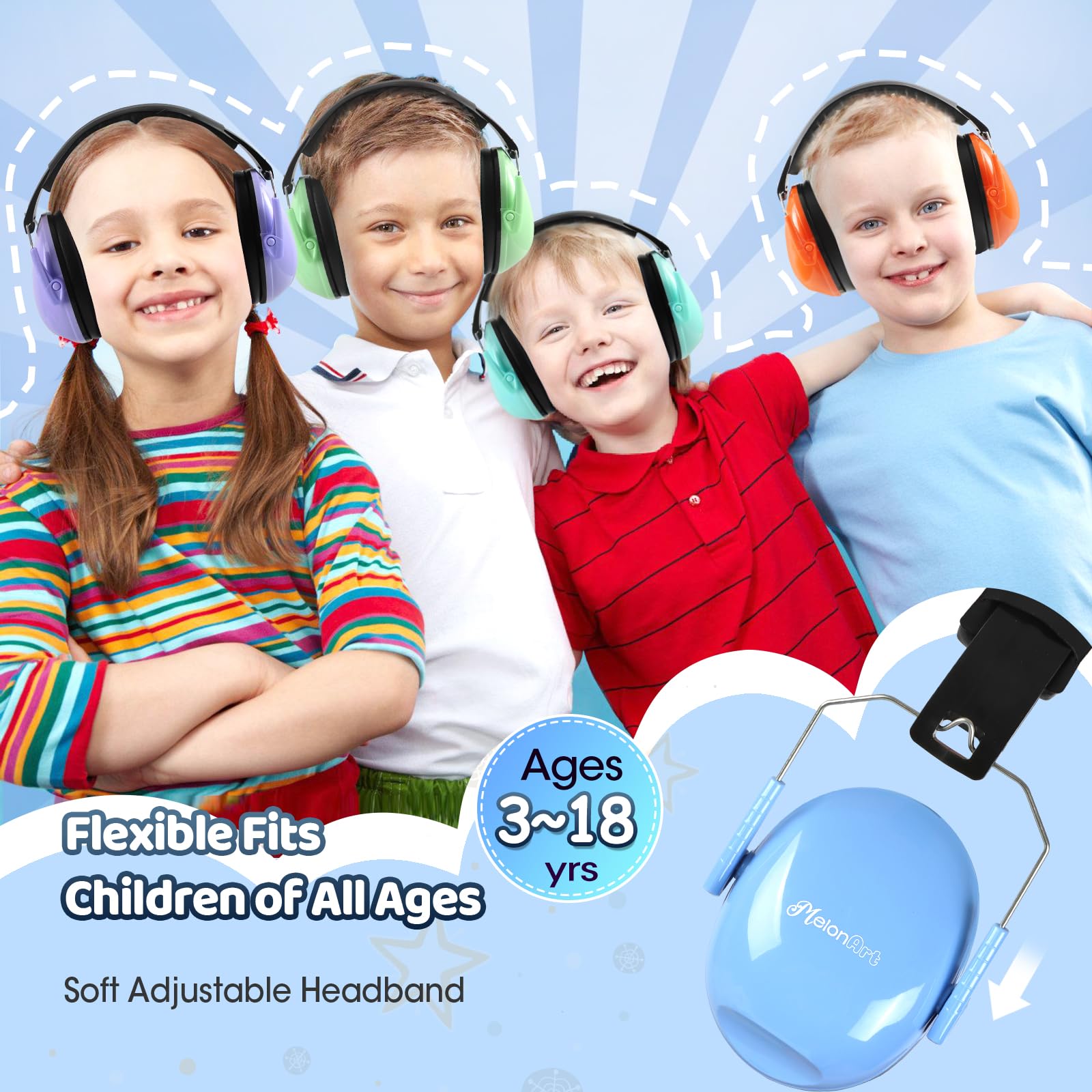 MelonArt Paquete de 6 protectores auditivos para niños, auriculares con cancelación de ruido SNR de 27 dB para niños, orejeras de seguridad a prueba de sonido para niños pequeños, reducción de ruido,