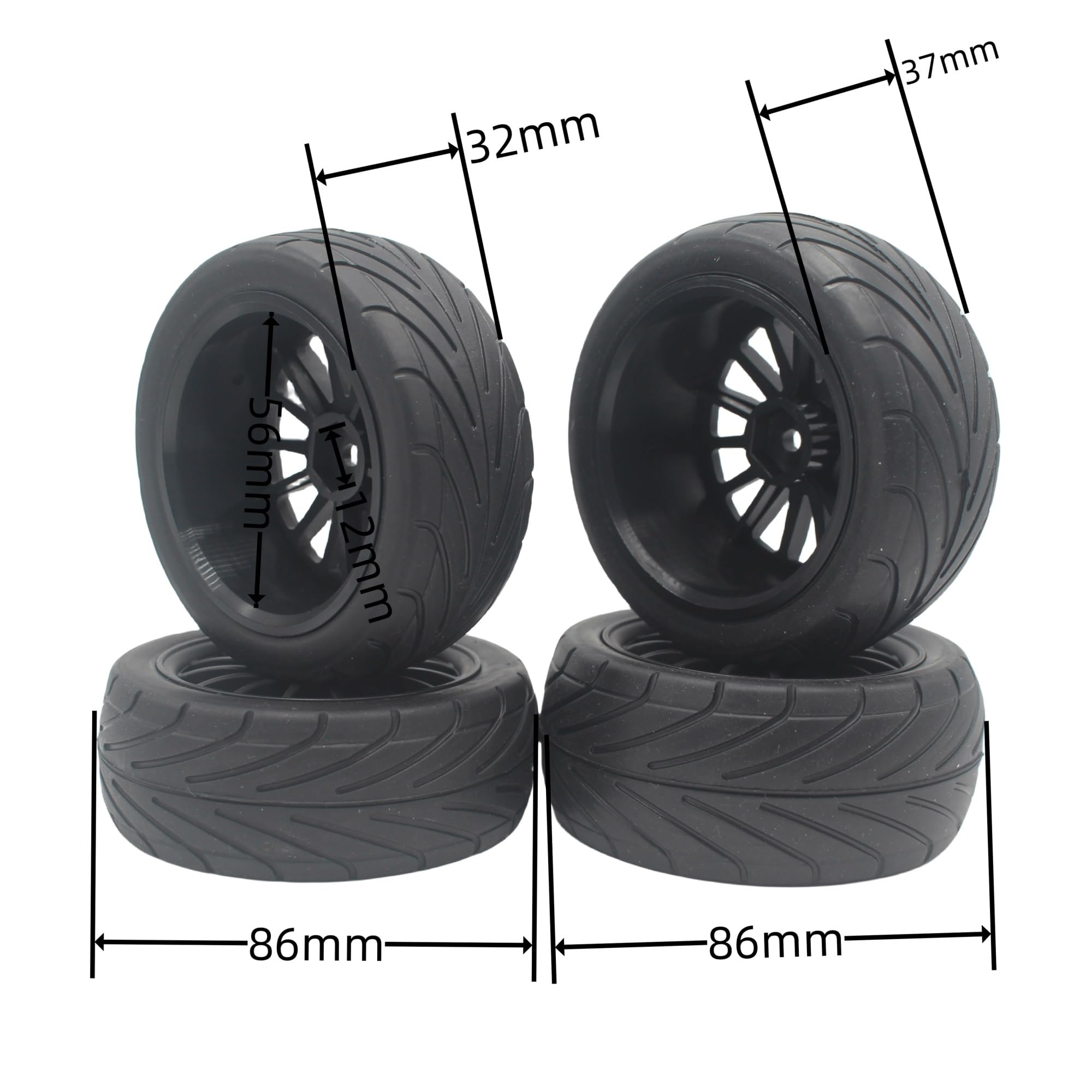 Rc Tire Jante pour Buggy pour Tamiya pour Toys 144001 pour HSP 94107 Voiture 1:10 4WD 4 Pièces 1/10 pour Buggy Pneus De Route Roue en Nylon(Black)