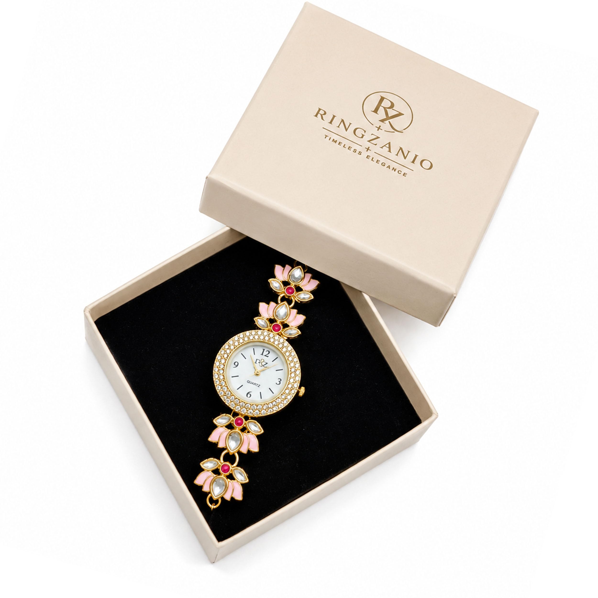 Wrist Watch | Kashmiri Watch for Women | Watchs for Women & Girls | Crystal Studded Analog Wrist Watchs, Adjustable Chain Bracelet Watches with Lotus Kundan Design | Bracelet Watches Gift for Womens-picture-43
