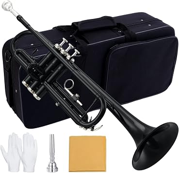 Bb Standard Trumpets for Beginner or Advanced Student Brass Trumpet Instrument with 7C Mouthpiece, Hard Case, Polishing Cloth, Gloves, Brass Musical Instruments For Kids & Adults Black