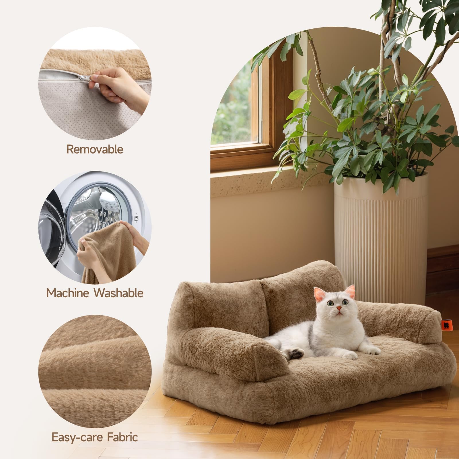 MEWOOFUN Cuccia grande per gatti, 66 x 48 cm, soffice e morbido, per cani e gatti di medie e piccole, graziosa cuccia per gatti con fondo antiscivolo (Cachi)