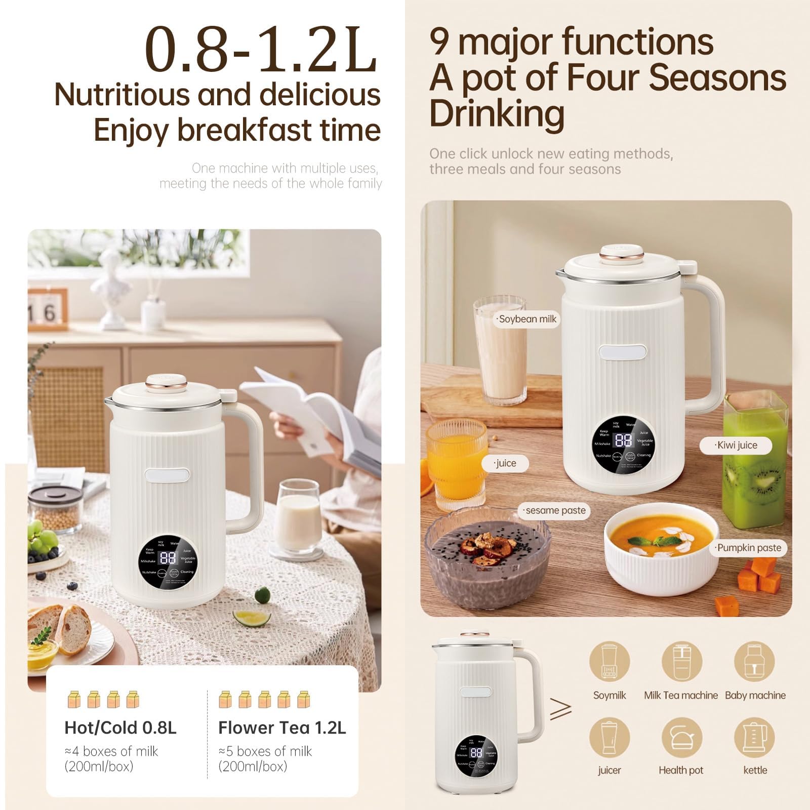 Macchina per latte vegetale 8 in 1, 1200 ml, per latte di soia, con funzione di mantenimento del calore per 8 ore e autopulente, per latte vegetale fatto in casa, avena, soia (bianco)