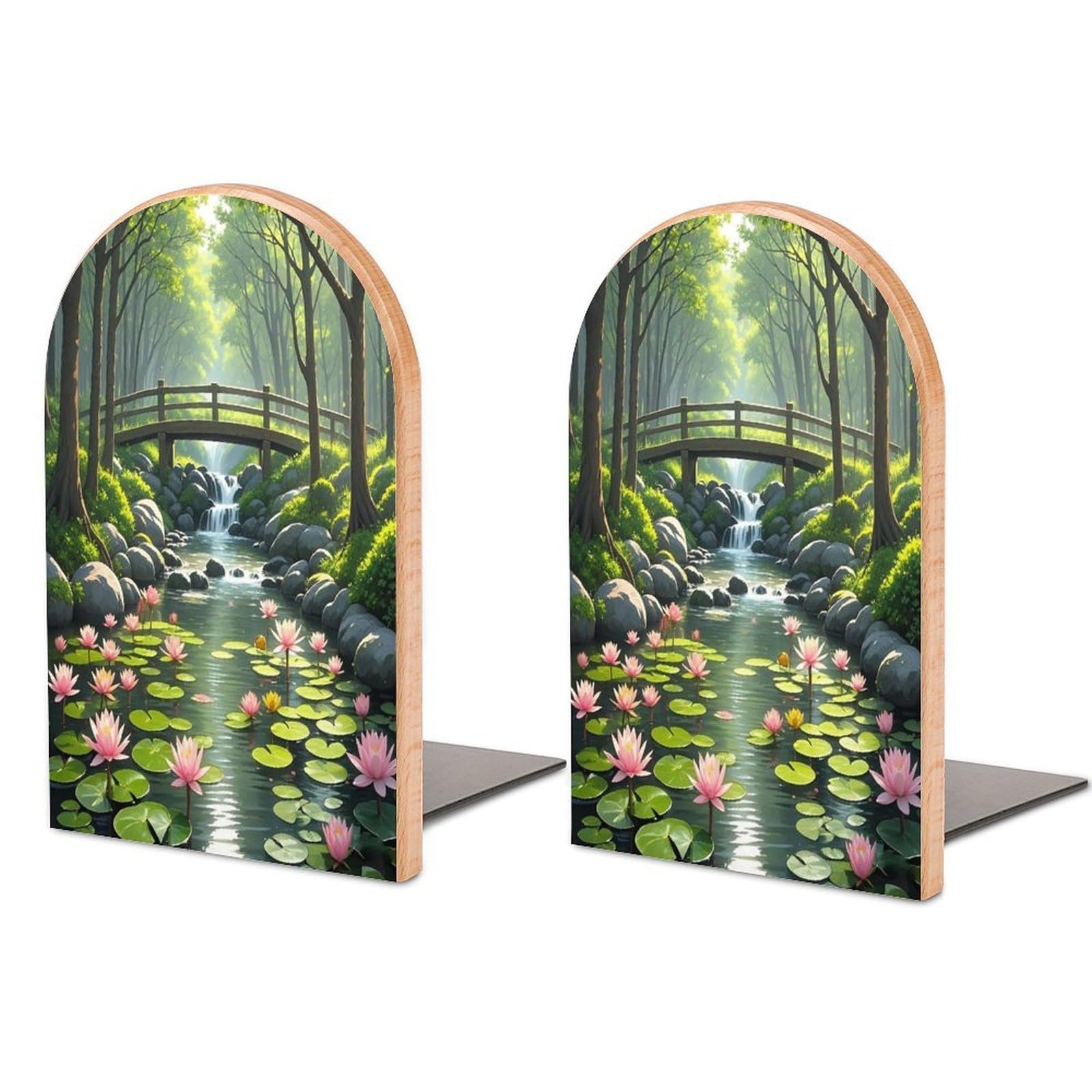 Natural Landscape Painting Bookend for Shelves Unique Book End Sturdy Books Holder Heavy Duty Wooden Bookends Support Non-Slip Book Organizers Decorative Modern Bookend Holder for Home