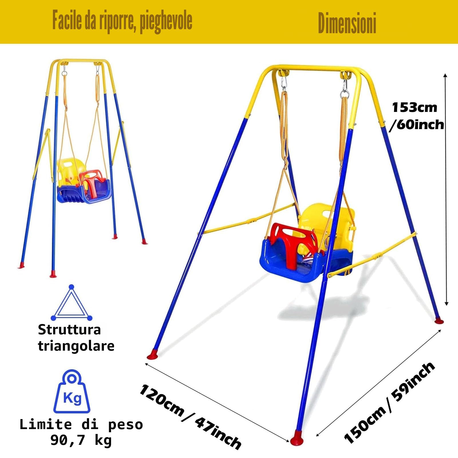 Altalena 3 in 1 per Bambini, Altalena per Esterni e Interni, Resistente con Seggiolino per Bambini, Blu, Metallo e Plastica, Contemporaneo, SWING