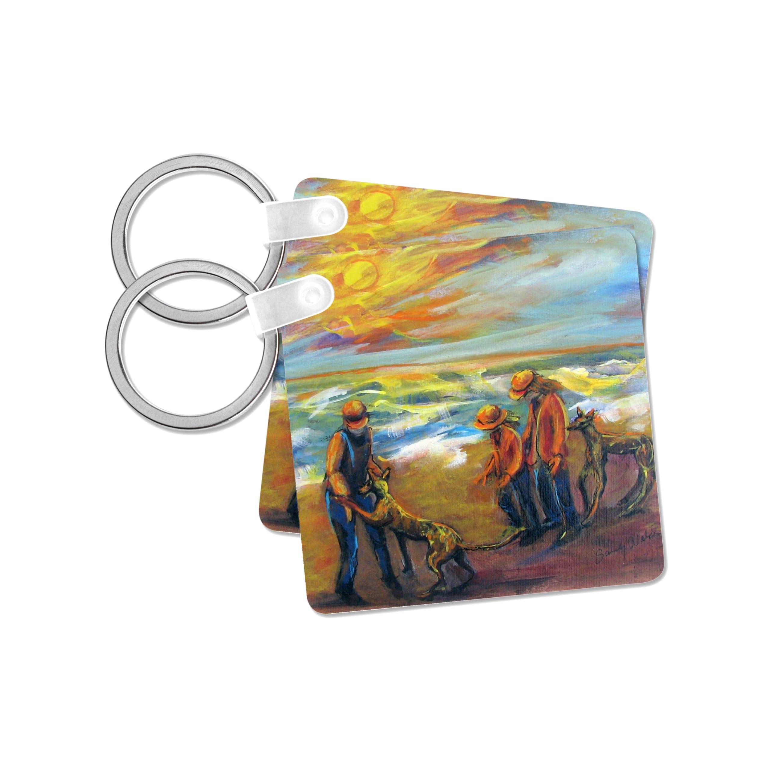 3dRose, Friendly Greyts and Kids - Autumn weather warms the sand with orange hues of light, set of 6 Key Chains
