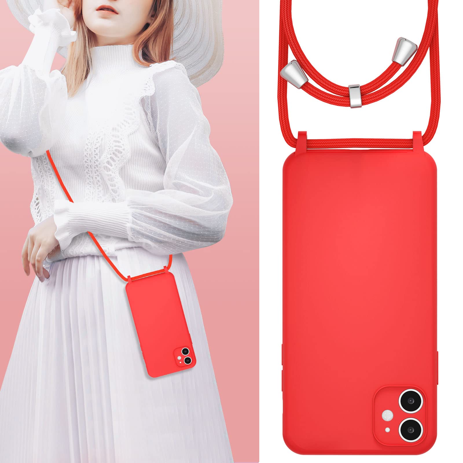 UEEBAI Custodia a tracolla per iPhone 7/iPhone 8/iPhone SE 2020, cover in silicone con cinturino regolabile per collana morbida cordino per collo e cordino antiurto custodia protettiva - malva
