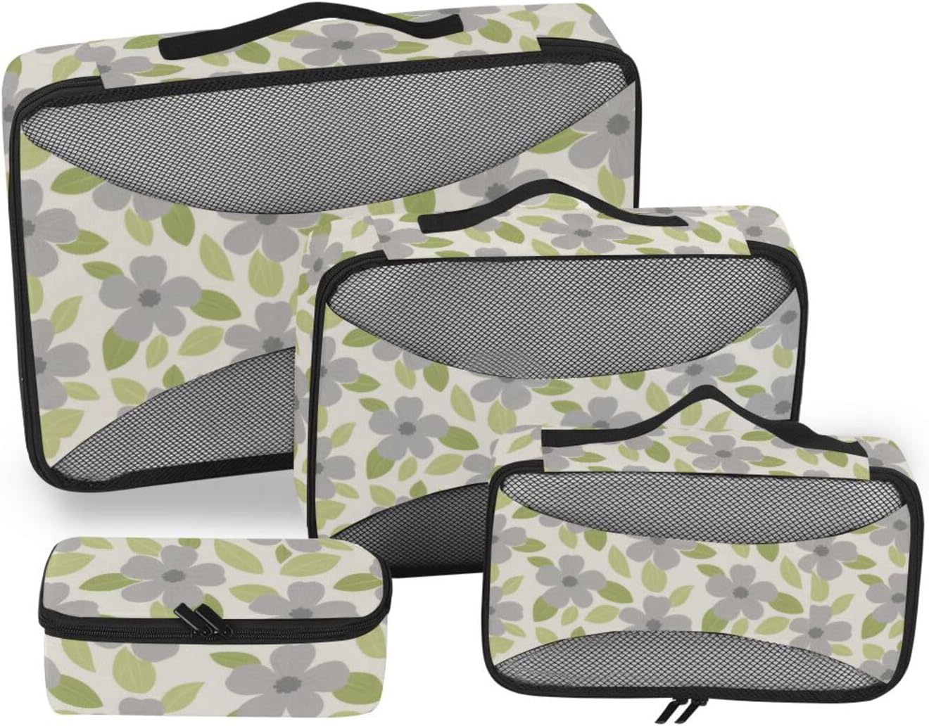 Grey Simple Flowers 4 Pcs set organizer bags set Mesh Travel Essentials portable compression packing cubes