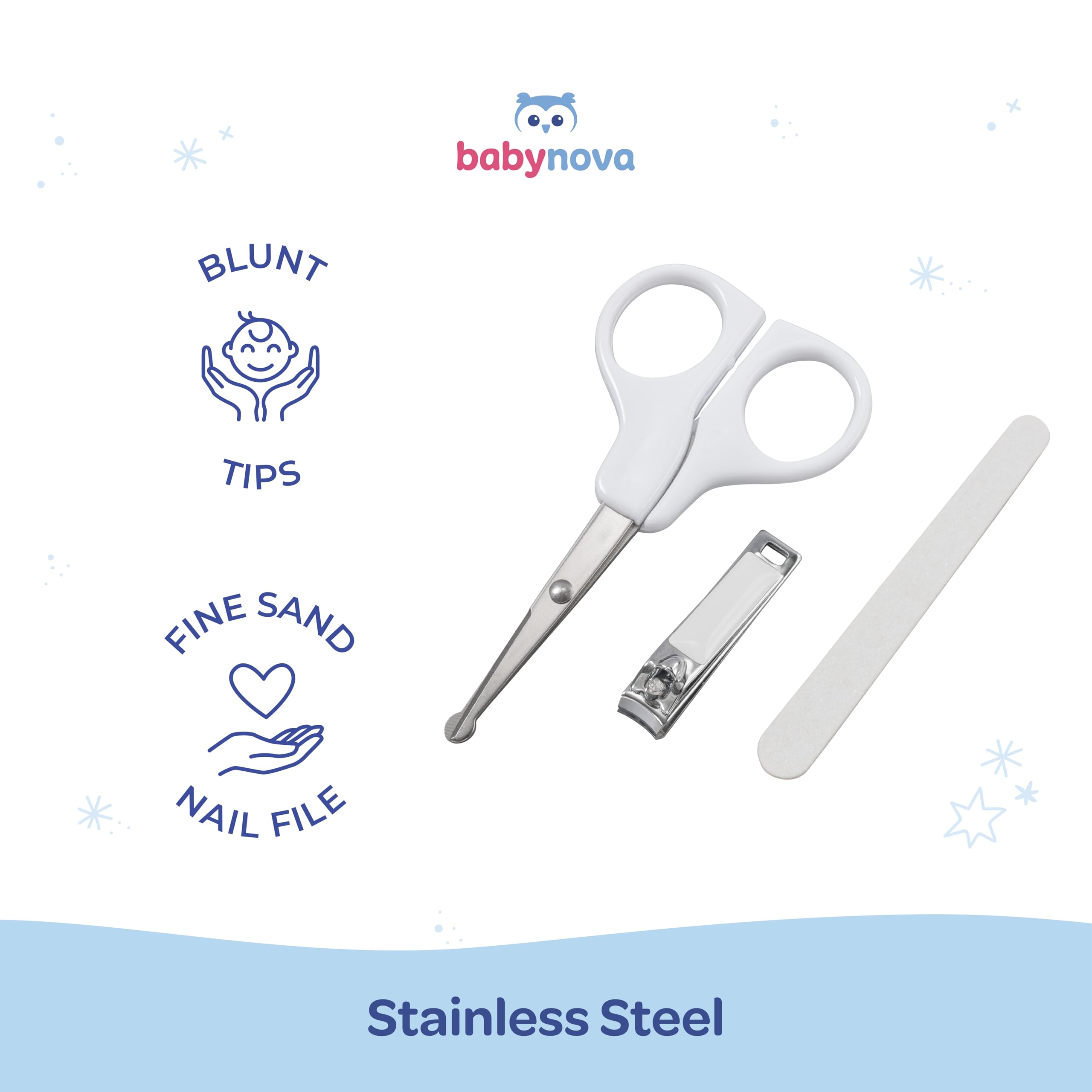babynova Set Manucure pour Bébés – Kit de Soin des Ongles Sûr avec Ciseaux à Pointe Arrondie, Coupe-Ongles & Lime – Boîte de Rangement Hygiénique pour les Voyages & l’Usage Quotidien – Sans BPA