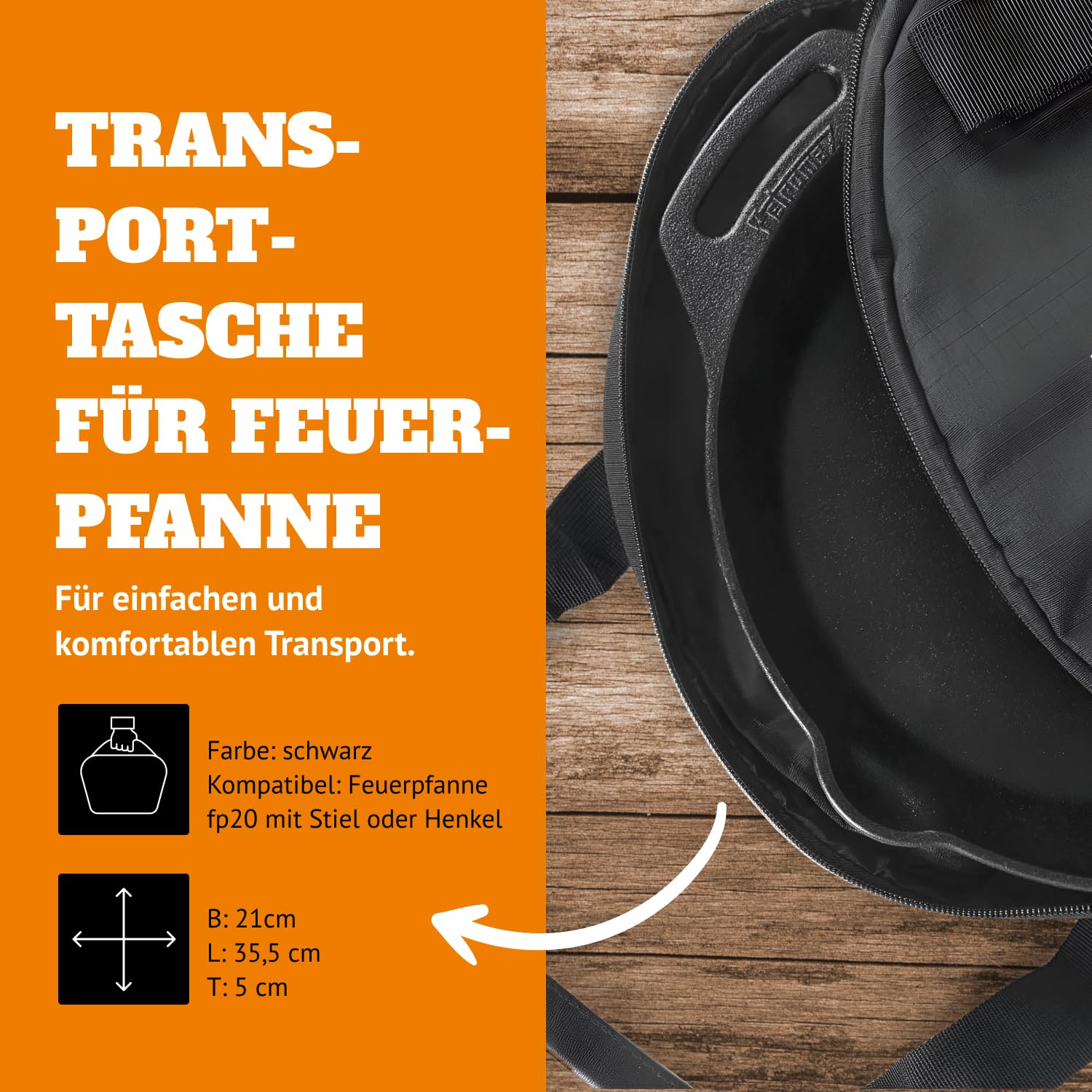 Petromax Transporttasche für Feuerpfanne FP35 - Aufbewahrungstasche aus Ripstop-Gewebe für gusseiserne Pfanne - mit Henkeln, Reißverschlusstasche und Netzeinschubtaschen für Zubehör - Schwarz