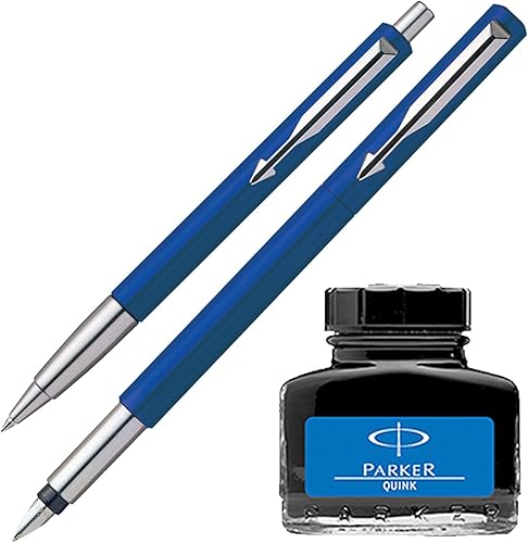 Parker Vector Standard Sets - Pluma estilográfica + bolígrafo, color azul + botella de tinta Quink, color azul (1.0 fl oz)