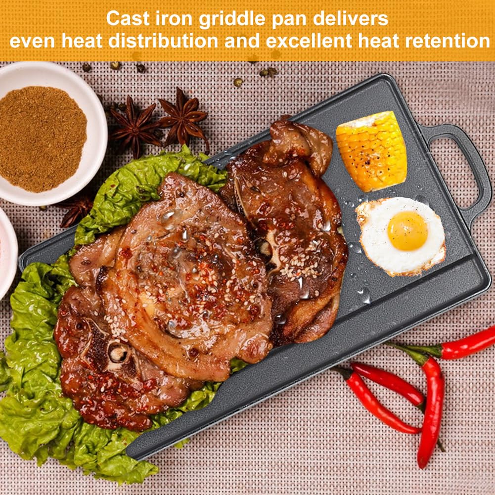 Non Stick Griddle Pan, Cast Iron Grill Griddle Pan Ridged and Flat Double Sided Baking with Handles for Gas Stovetop, Oven and Open Fire